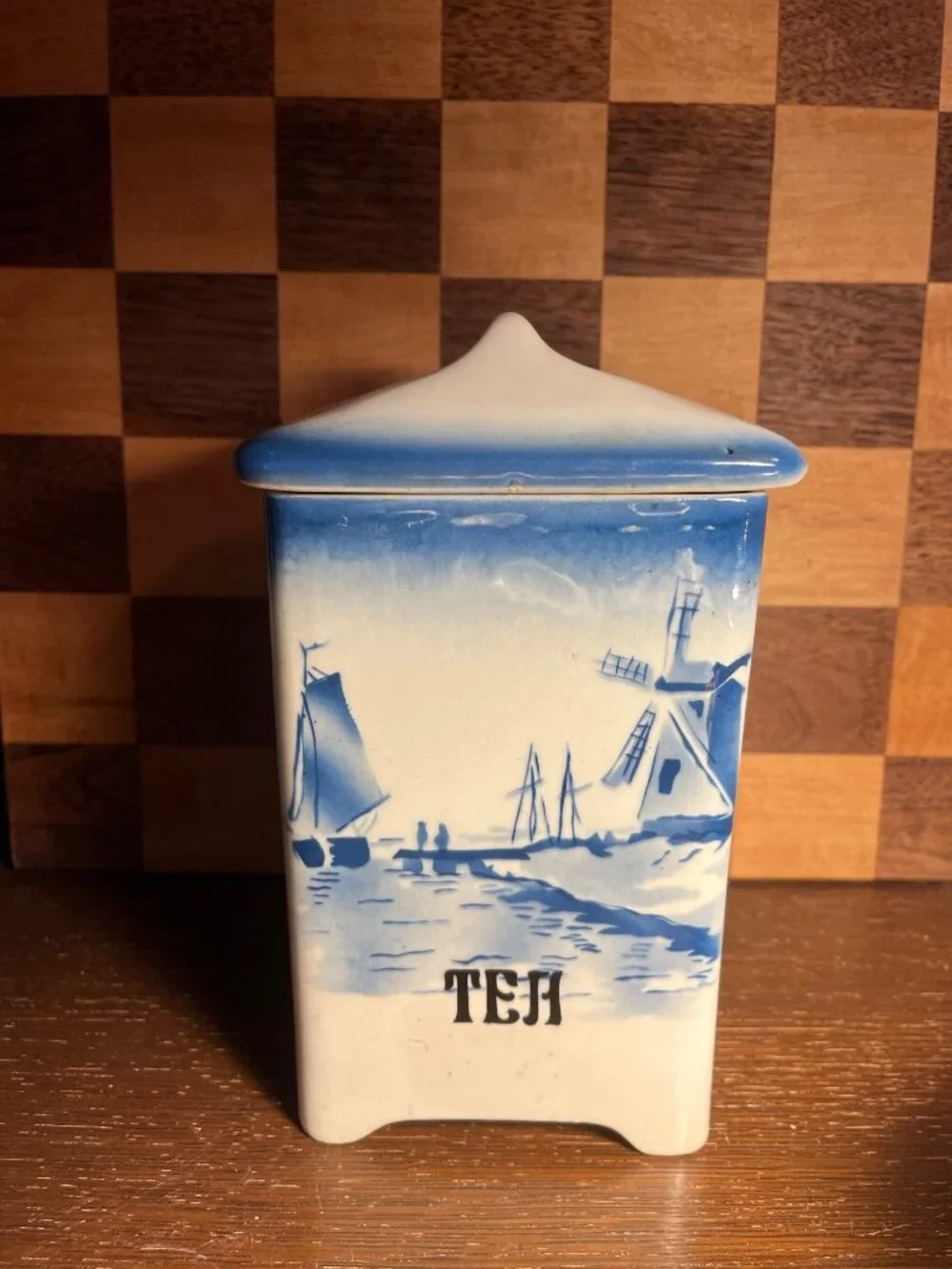 Blue and White Tea Canister Windmill Ship Czechoslovakia A783, small chips crack